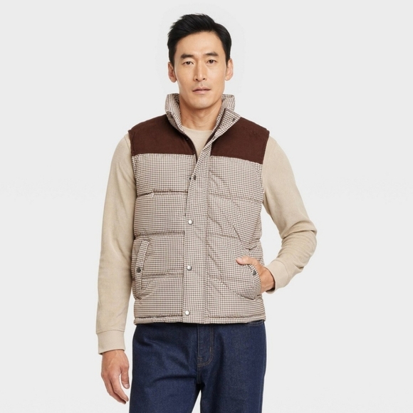 Men's Plaid Midweight Puffer Vest - Goodfellow & Co Brown XL - Picture 1 of 16